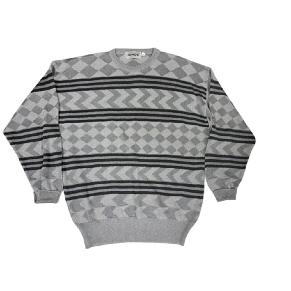 90s Y2K Mondo Italian Mens Sweater Silver/Black Diamond Stripe Zigzag Sz M